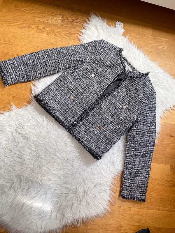 Czarna biała kurtka żakiet marynarka tweed ze srebrna nitką h&m xs
