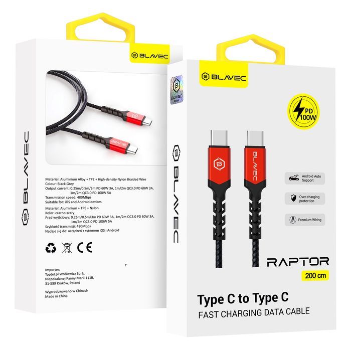 Blavec Kabel Raptor Typ C na Typ C PD 100W 5A 2m (czarno-czerwony)