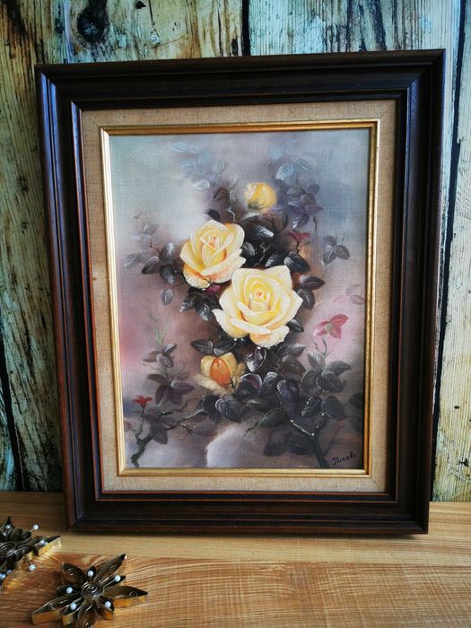 Obraz olejny na płótnie, kwiaty, róże, drewniana rama, autograf