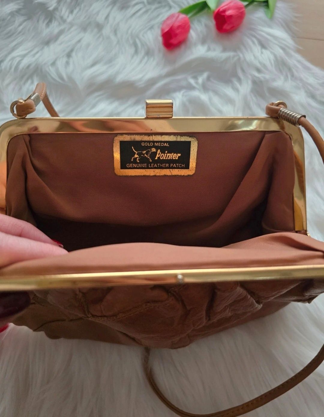 Torebka skórzana karmelowa ruda bdb Gold medal pointer vintage retro