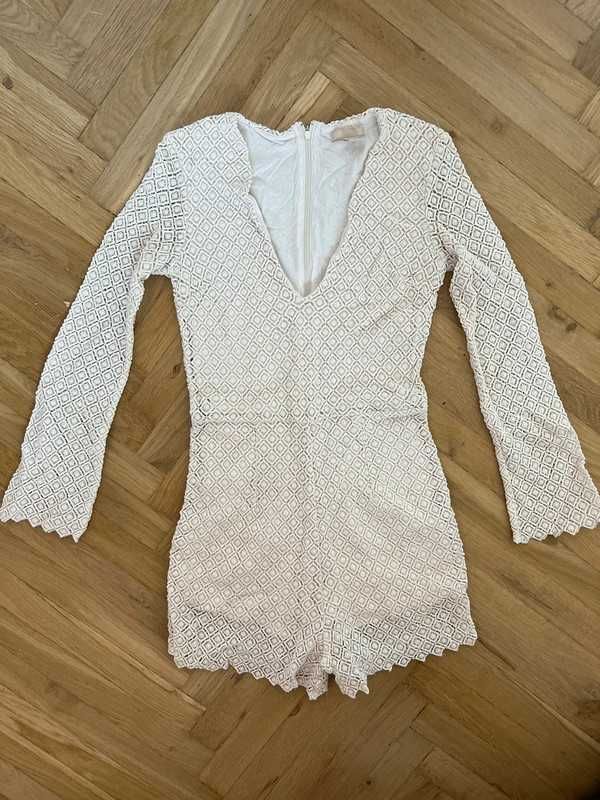 Kombinezon elegancki koronkowy boho beżowy jasny kremowy H&M