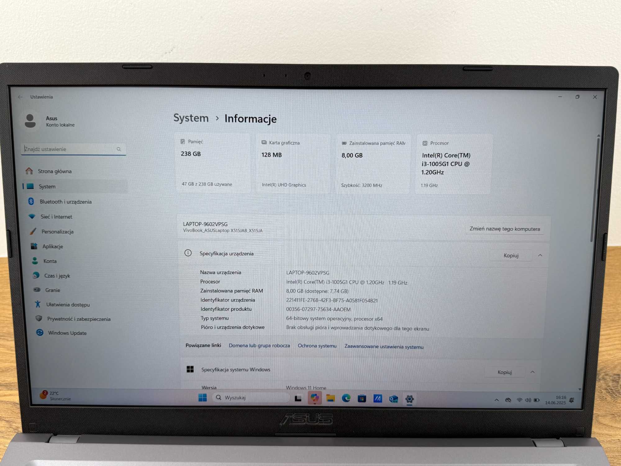 1344. Asus. CORE i3-1005G1 8x 3.40GHz, SSD M2, 8GB RAM, UHD Graphics
