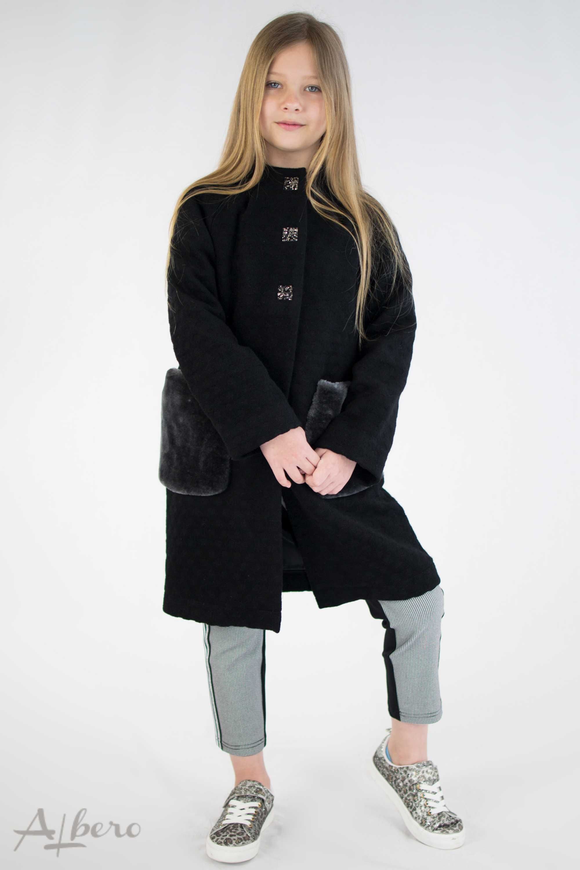 Пальто для девочки серое или черное с меховыми карманами 128-152рр