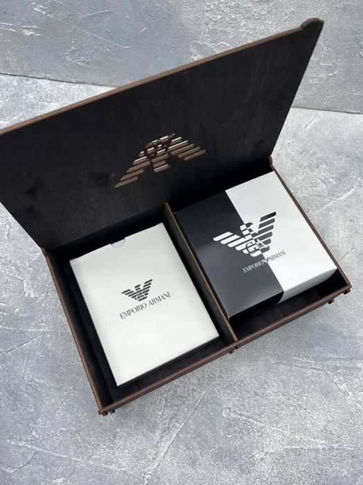 Мужской ремень+портмоне из кожи в деревянном боксе на подарок