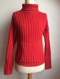 Czerwony gruby cieply sweter Interval M/L golf kangurka wełna wool