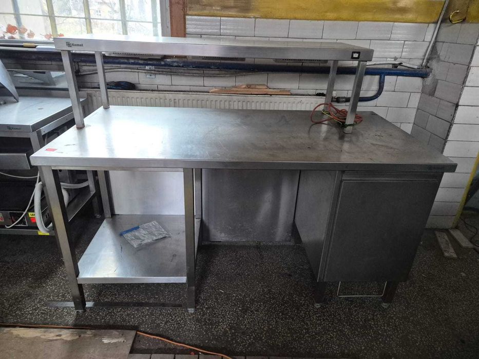 Stół ze stali nierdzewnej z nadstawką grzewczą + kosz 170x83x90 cm