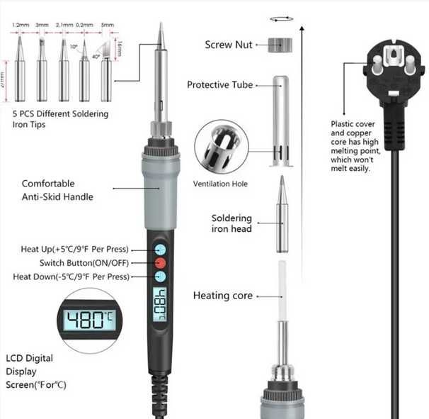 Паяльник 90W, Набор для пайки, Паяльниик в кейсе, Паяльник с дисплеем.