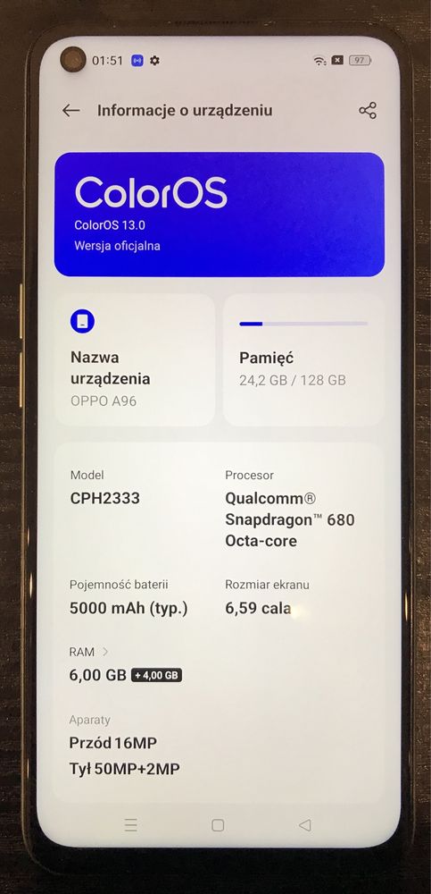 OPPO A96 opalizujący sprawny 128GB RAM 6+4GB 5000mAh 50MP ColorOS