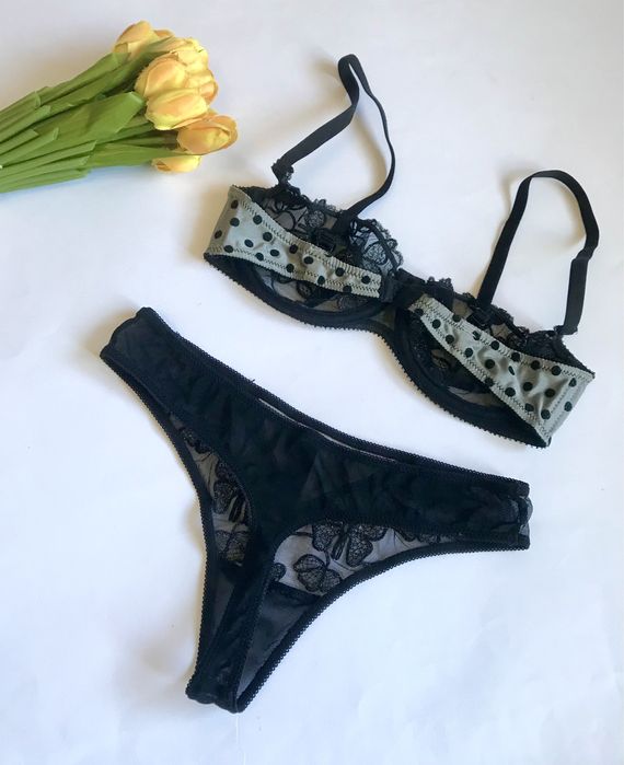 Комплект Чорний. Мереживний/ Срібні Метелики. 75 А/В/ XS/S розмір