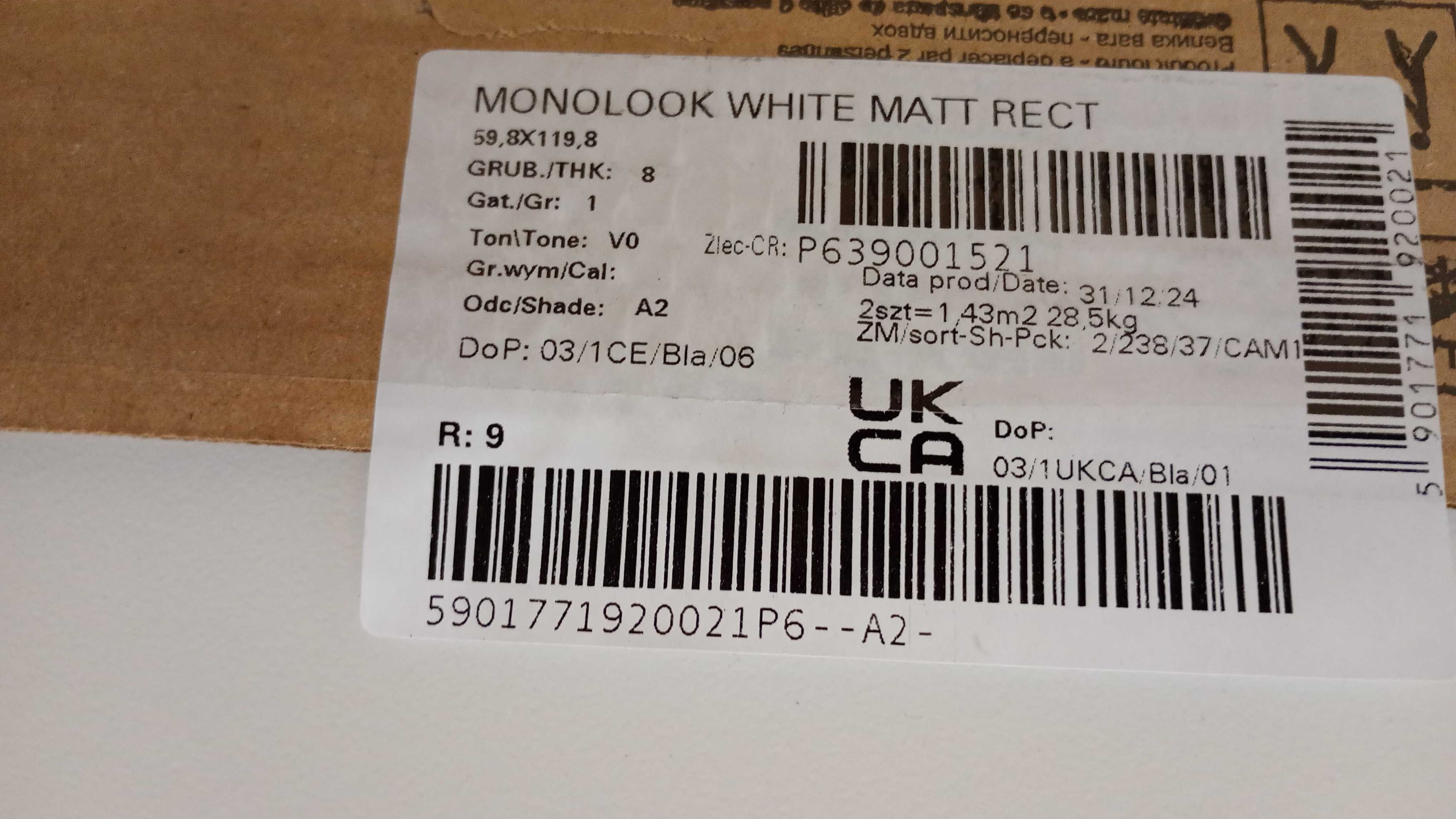 Gres biały mat 1,43m2 120x60 1 paczka, Cersanit Monolook White Mat