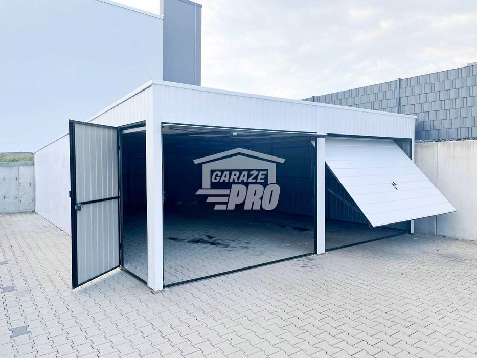 Garaż blaszany 6x7 Brama uchylna x2 + drzwi biały spad w tył GP140