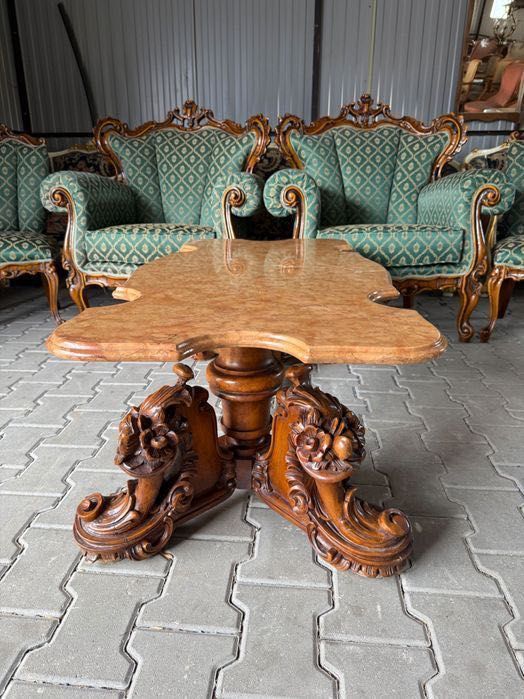 Włoska rzeźbiona ława z marmurowym blatem