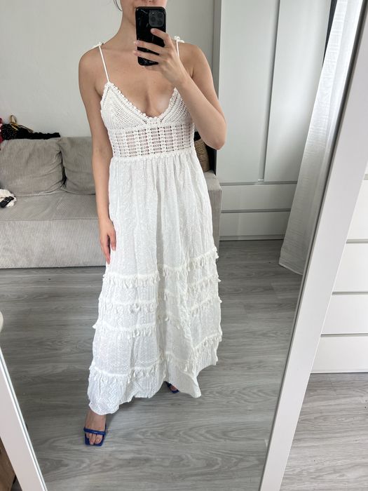 Piękna biała maxi sukienka na lato szydełkowa ażurowa Zara M L