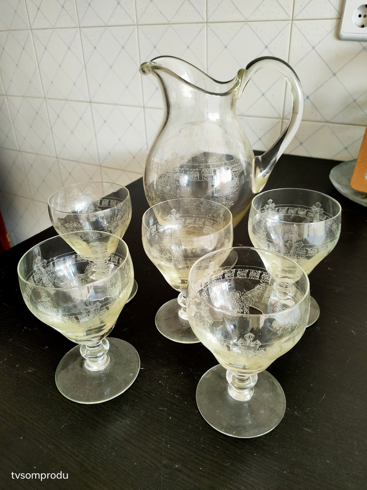 Jarra e 5 copos cristal lapidado com cruz vintage