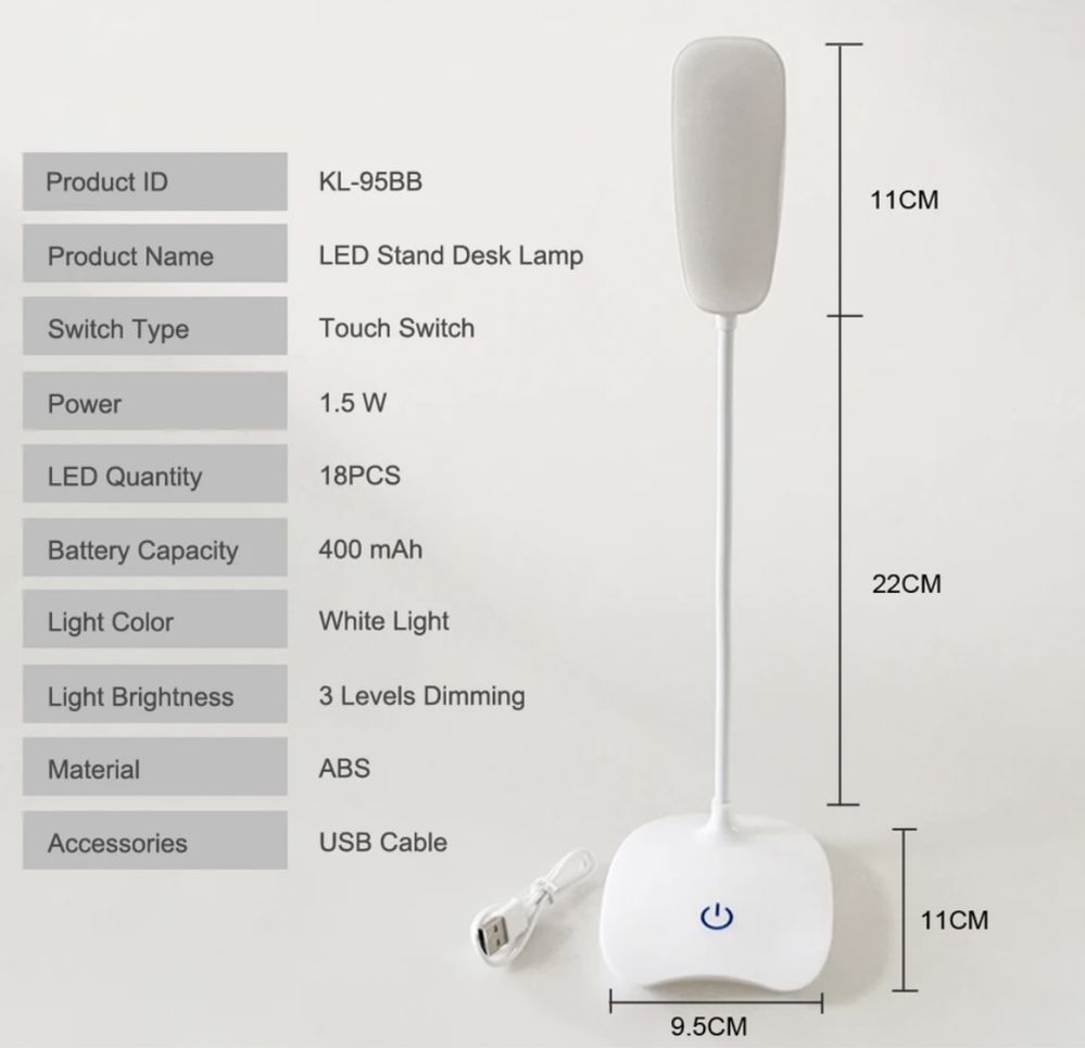 Настільна LED лампа з акамулятором, зарядка від USB
