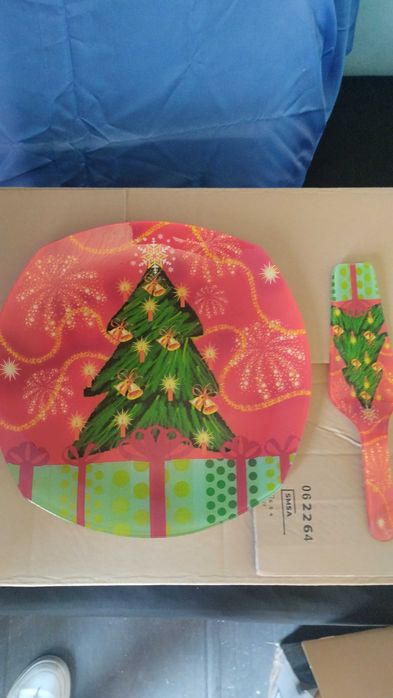 Prato de natal em vidro com espátula de vidro com 30 cm largura  novo