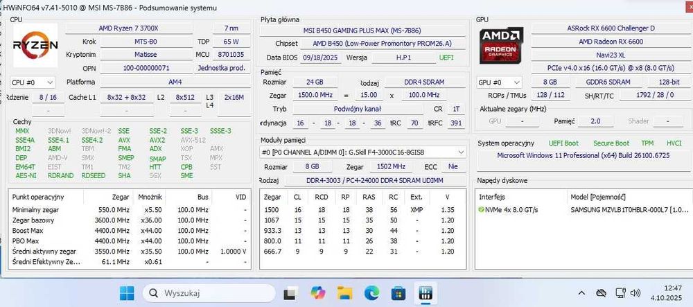 Komputer do gier Ryzen 7 3700X/RX 6600/24GB/1TB SSD nvme/Win11
