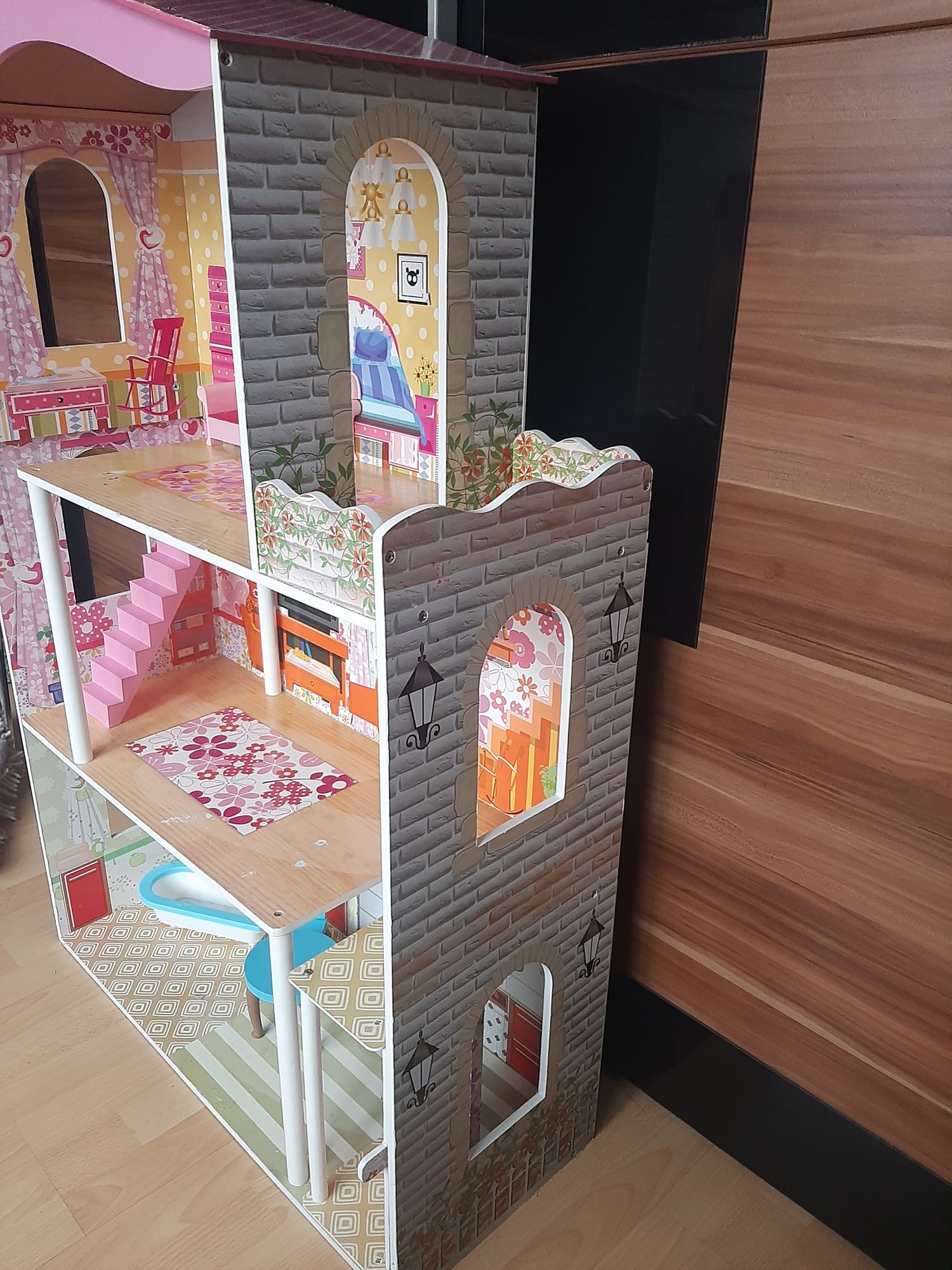 Duzy domek dla lalek Barbie piętrowy 116 cm winda mebelki meble schody
