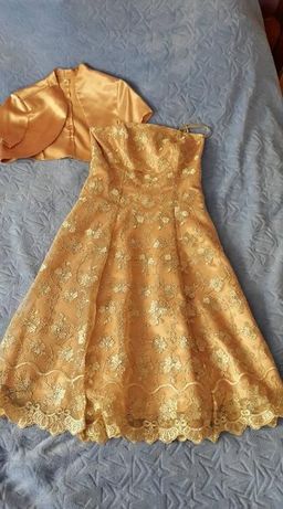 Złota sukienka z koronką r.40 z bolerkiem