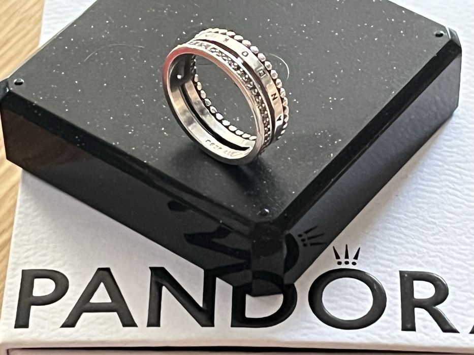 Nowy pierścionek Pandora obrączka podwójna szeroka cyrkonie logo 925s