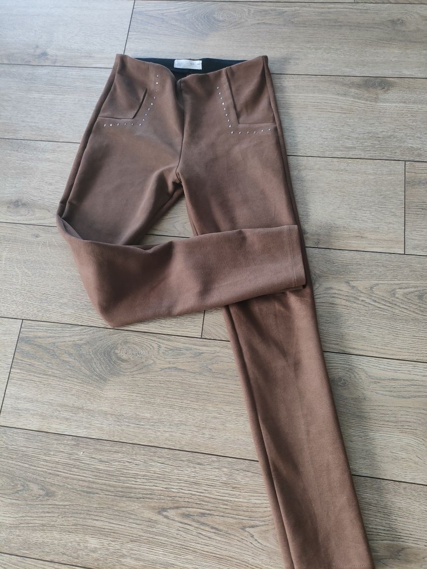 Legginsy zamsz spodnie zamszowe Zara 158 brąz eleganckie