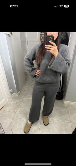 Komplet dzianinowy materialowy szary dzerokie rekawy i nogawki s/m/l