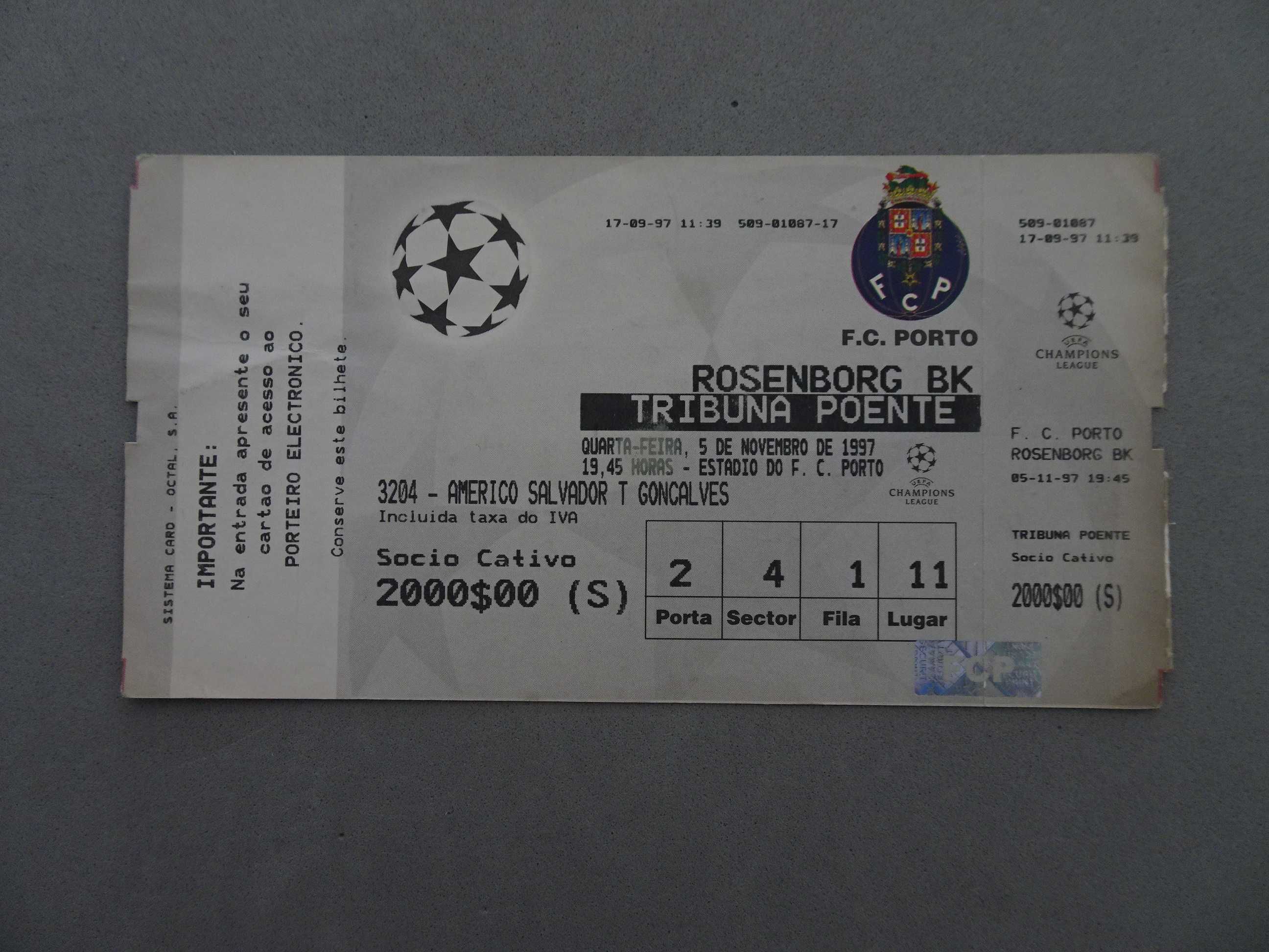 Bilhete futebol Porto Rosenborg BK 17 Setembro 1997