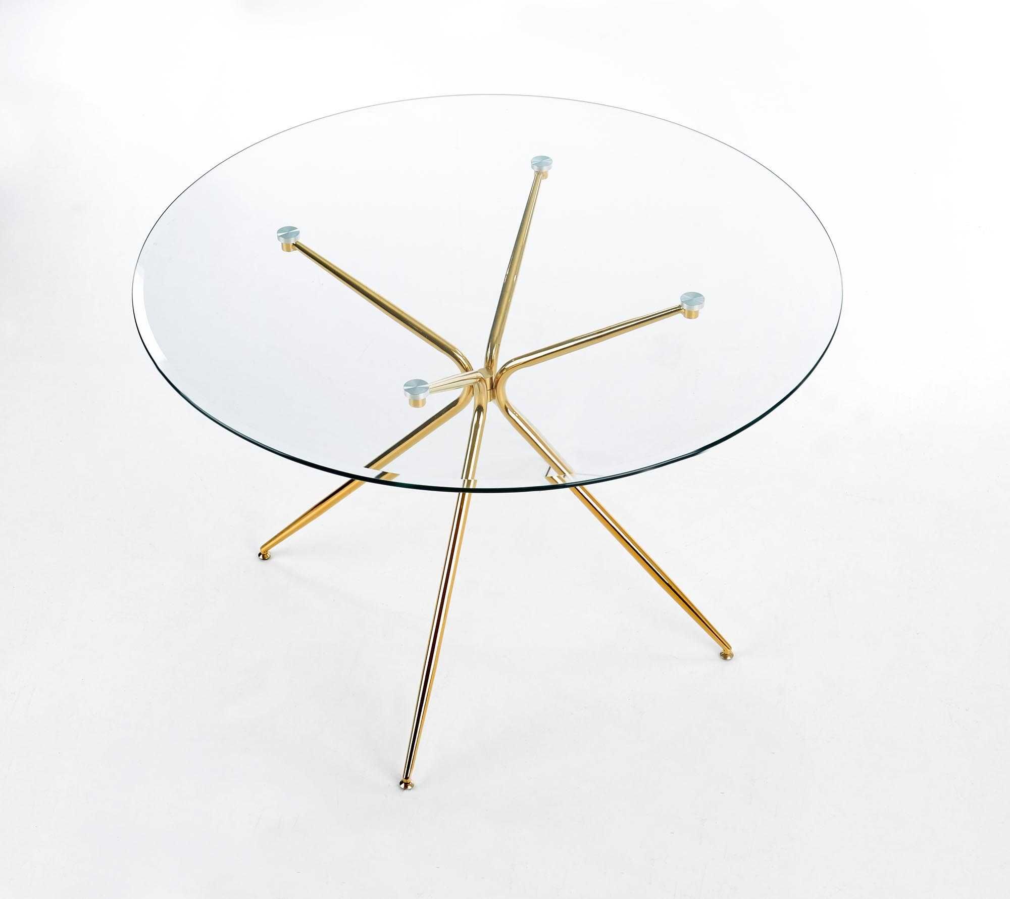 Stół Rondo okrągły szkło hartowane nogi złote 110 fi /74 cm