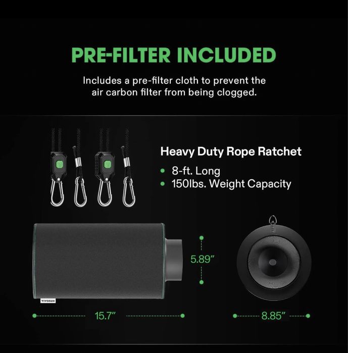 VIVOSUN 6-calowy filtr węglowy powietrza do kontroli zapachów, czarny