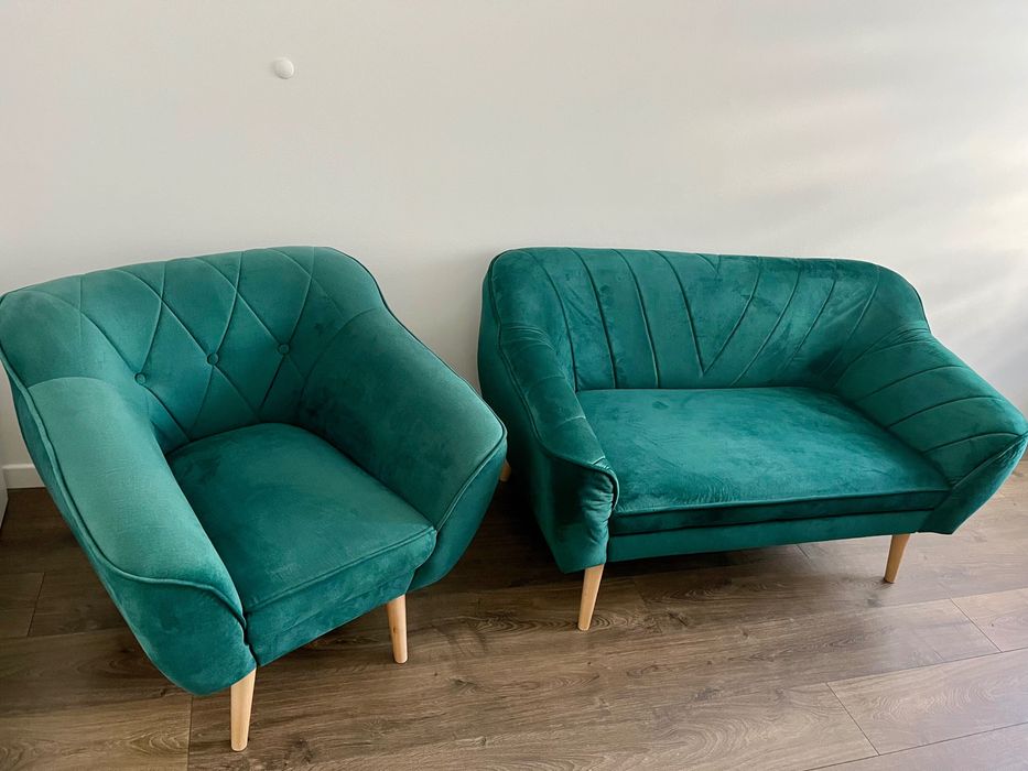 Zestaw sofa z fotelem butelkowa zieleń welur