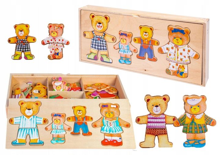 Układanka Drewniana Montessori 4 Misie Puzzle Emocje Ubrania Miny Sort