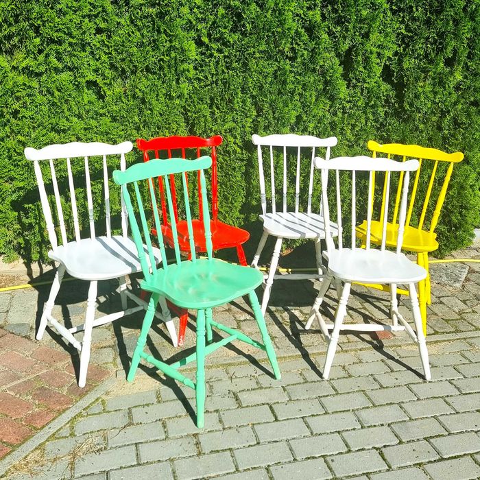 Krzesła PRL patyczaki z Jasienicy, drewniane, mocne – 6 szt.