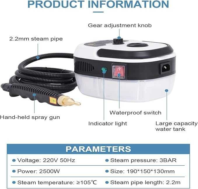 Myjka Parowa 2500 W z 3 różnymi główkami szczotek