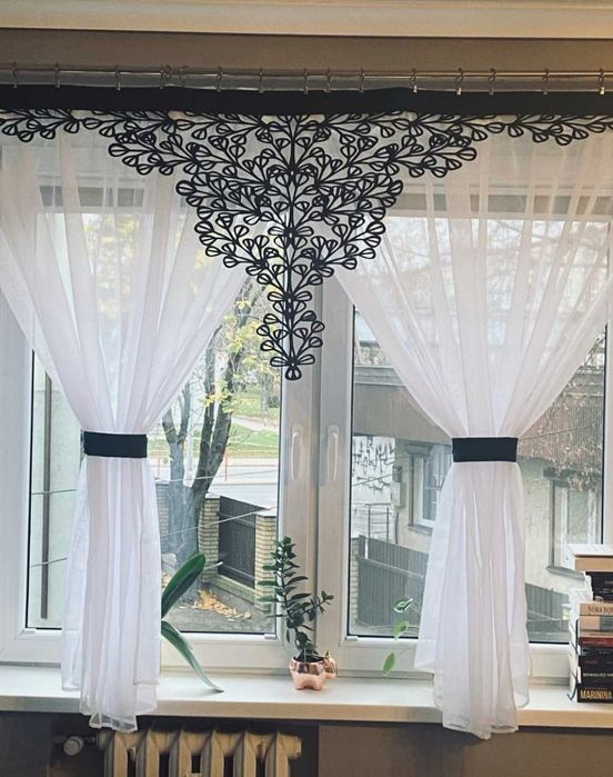 Firana panelowa woal 400x150 z panelem ażurowym + tasiemki