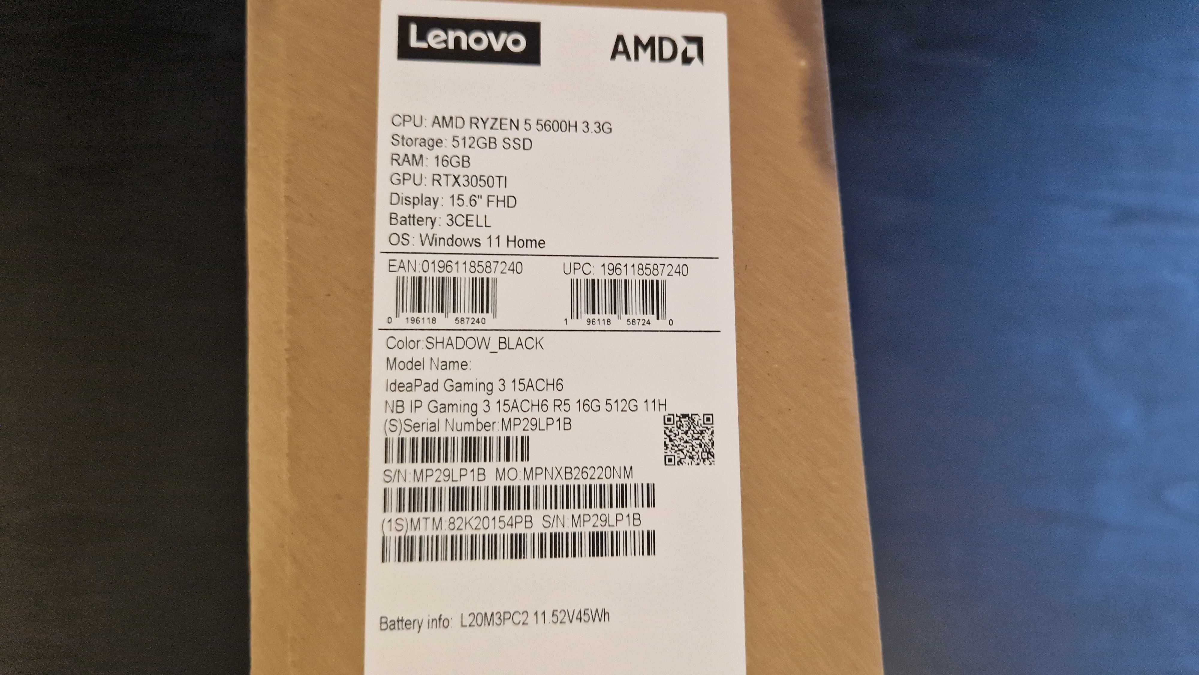 LENOVO IDEAPAD GAMING 3 5600H/16GB/512GB/3050TI Nowy Gwaranacja+Ubezpi