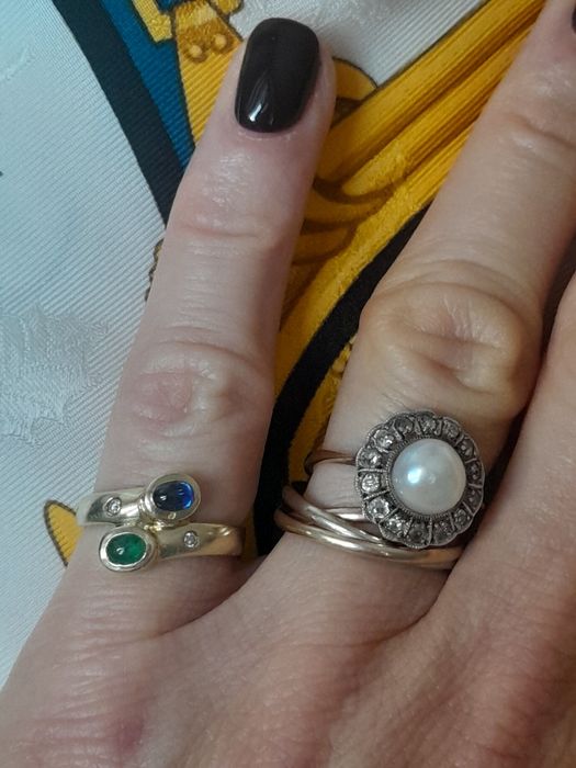 R.10 Pierścionek Szafir Szmaragd Diamenty Złoto 585