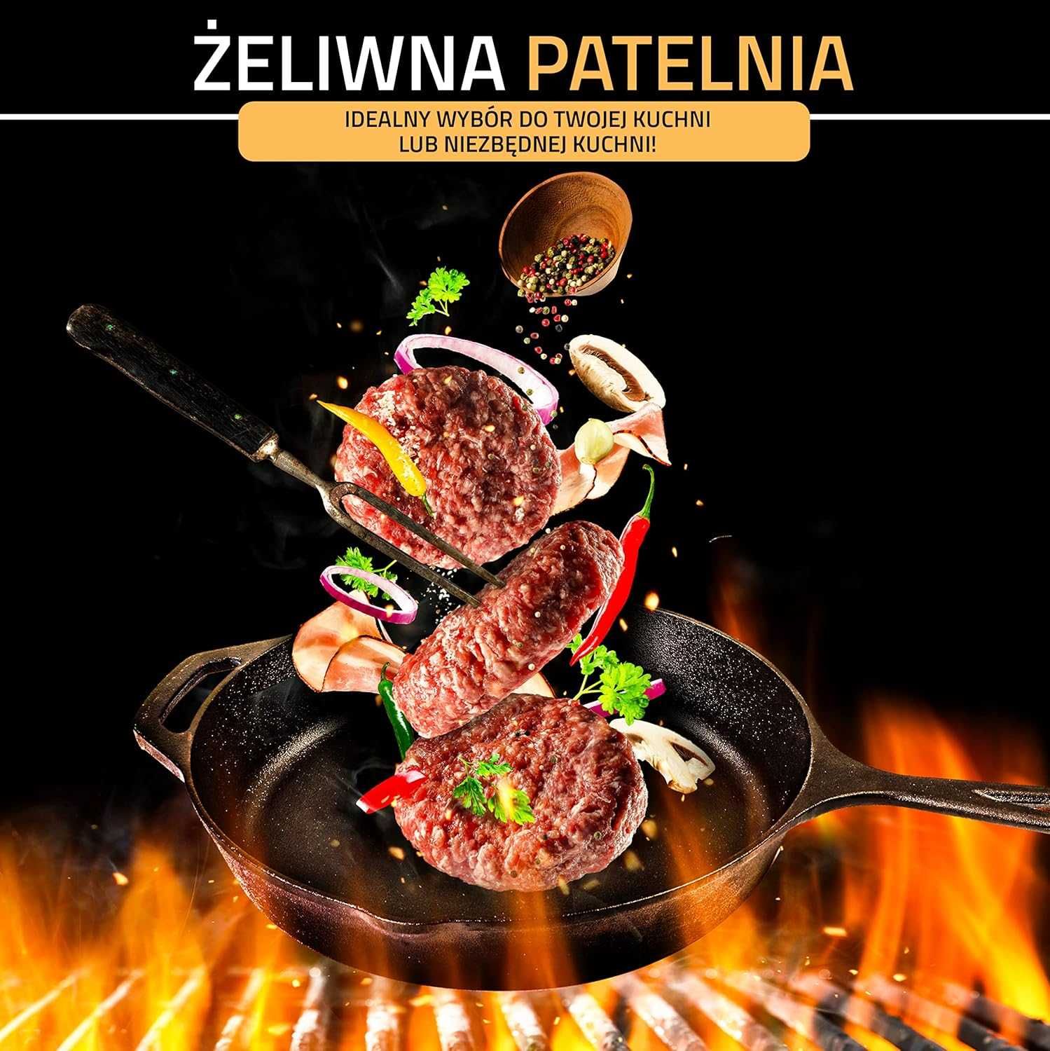 Patelnia żeliwna, wstępnie przyprawiona, do grillowania, bezpieczna