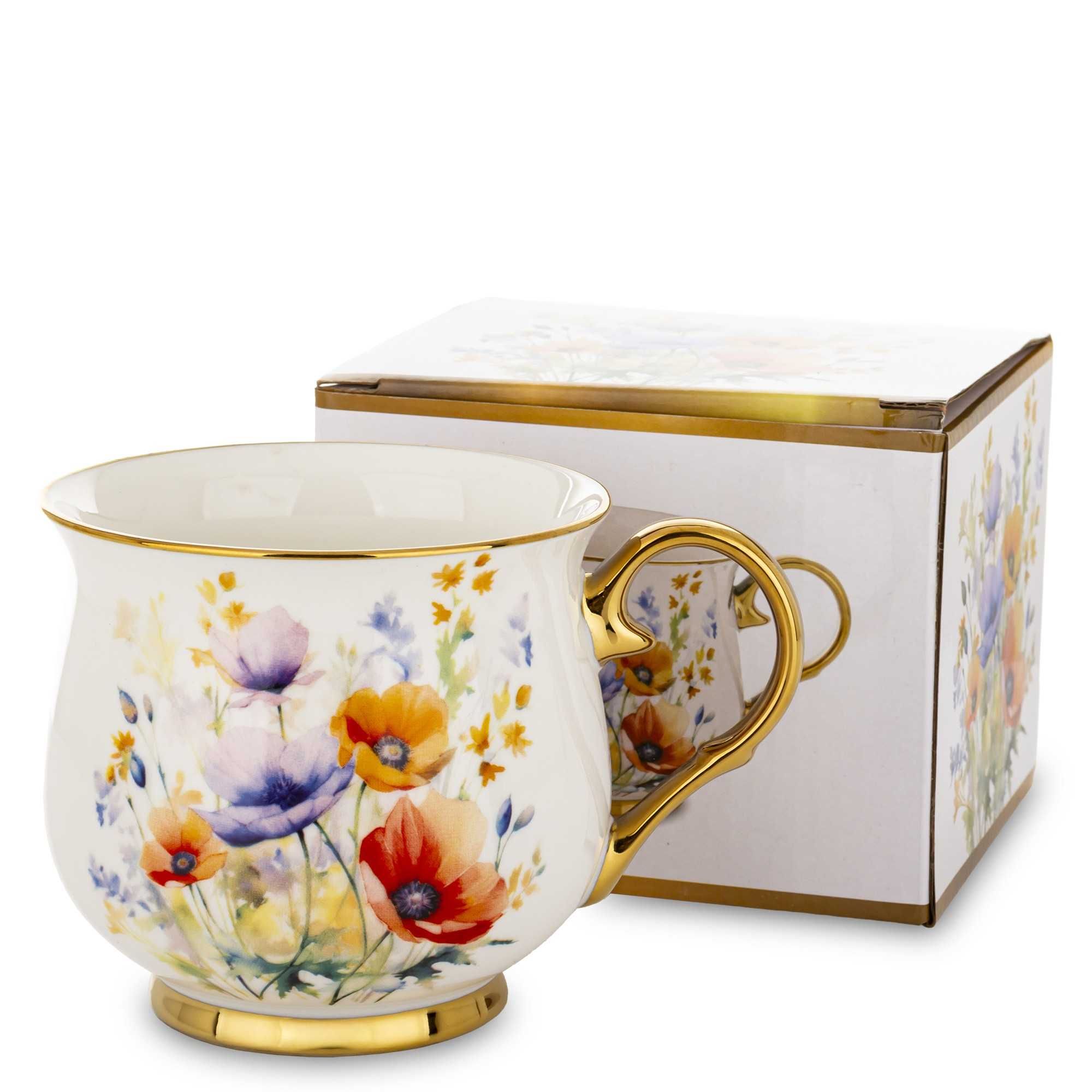 Kubek Porcelanowy Filiżanka do Kawy Herbaty 450 ml Biały Kwiaty Złoty