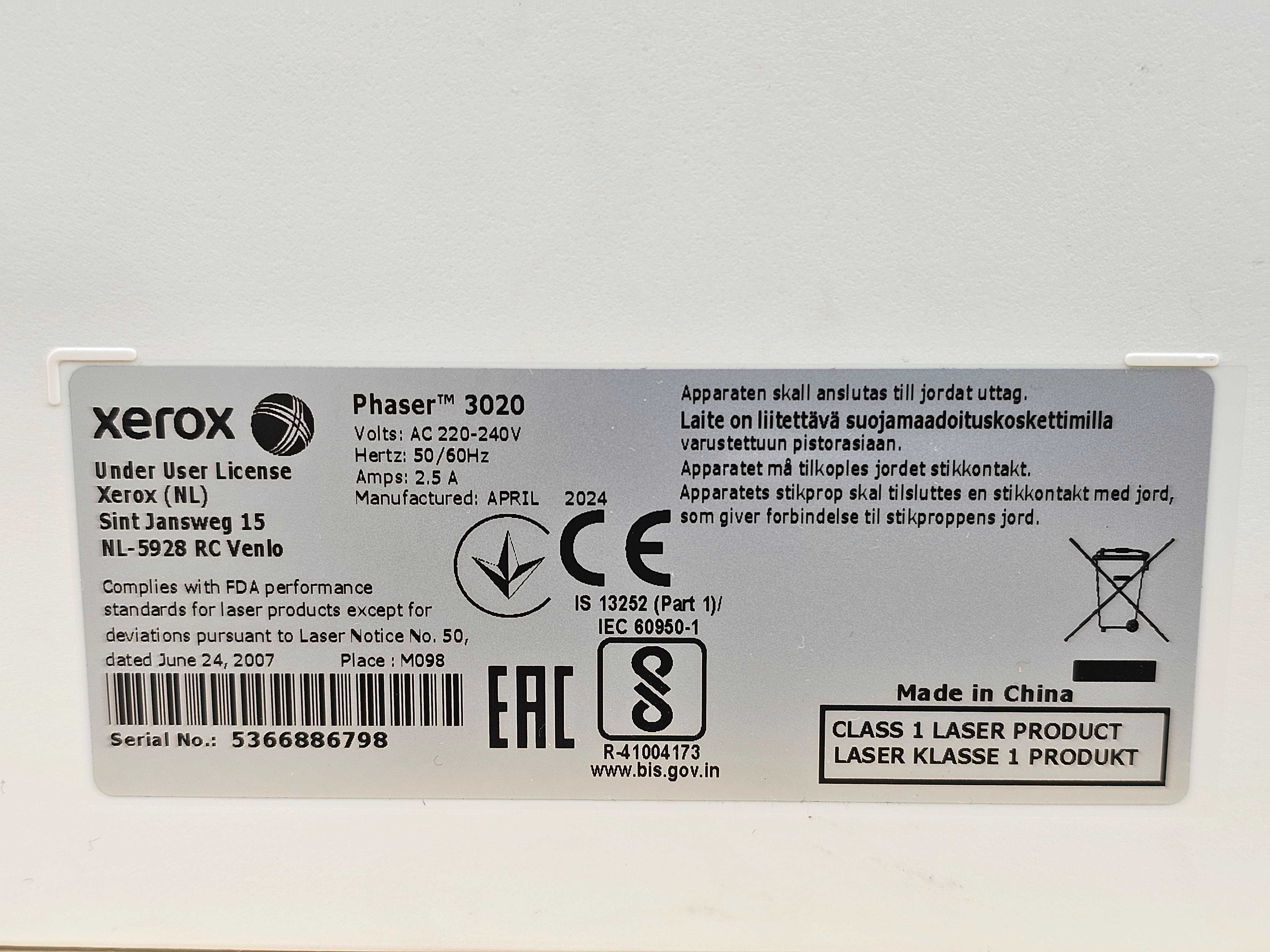 Drukarka Laserowa Xerox 3020 bez toner czytaj opis !