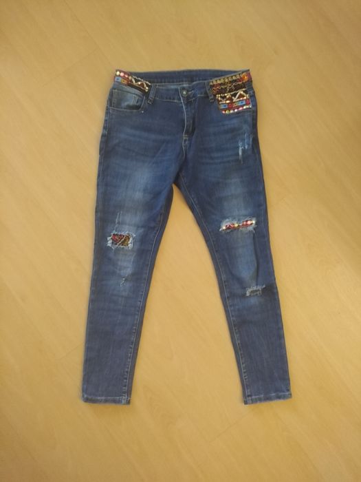 Jeansy L elastyczne boho kolorowe wstawki