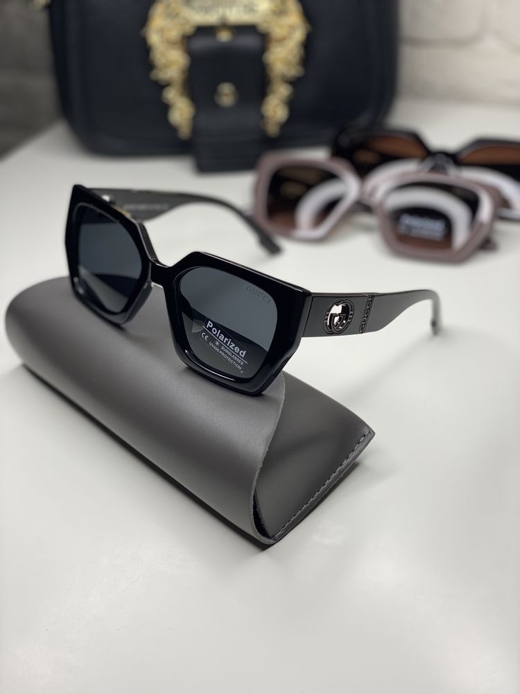 Женские очки GUCCI Polarized черные с поляризацией кошачий глаз коричн