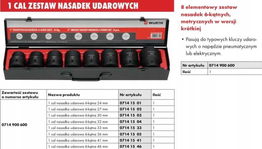 NOWY zestaw nasadek udarowych 1" HEX 8 el. Würth Komis Madej Czeladź