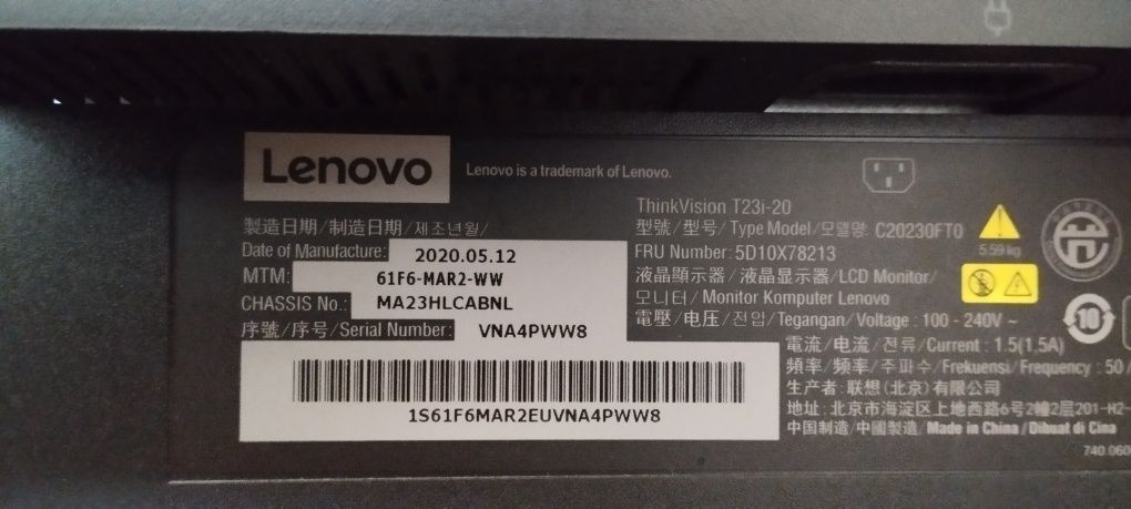 Монитор Lenovo ThinkVision 23" T23i-20 Black