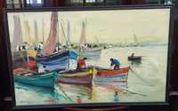 Retro Vintage Antigo Quadro Pintura Óleo Original Barcos Pesca