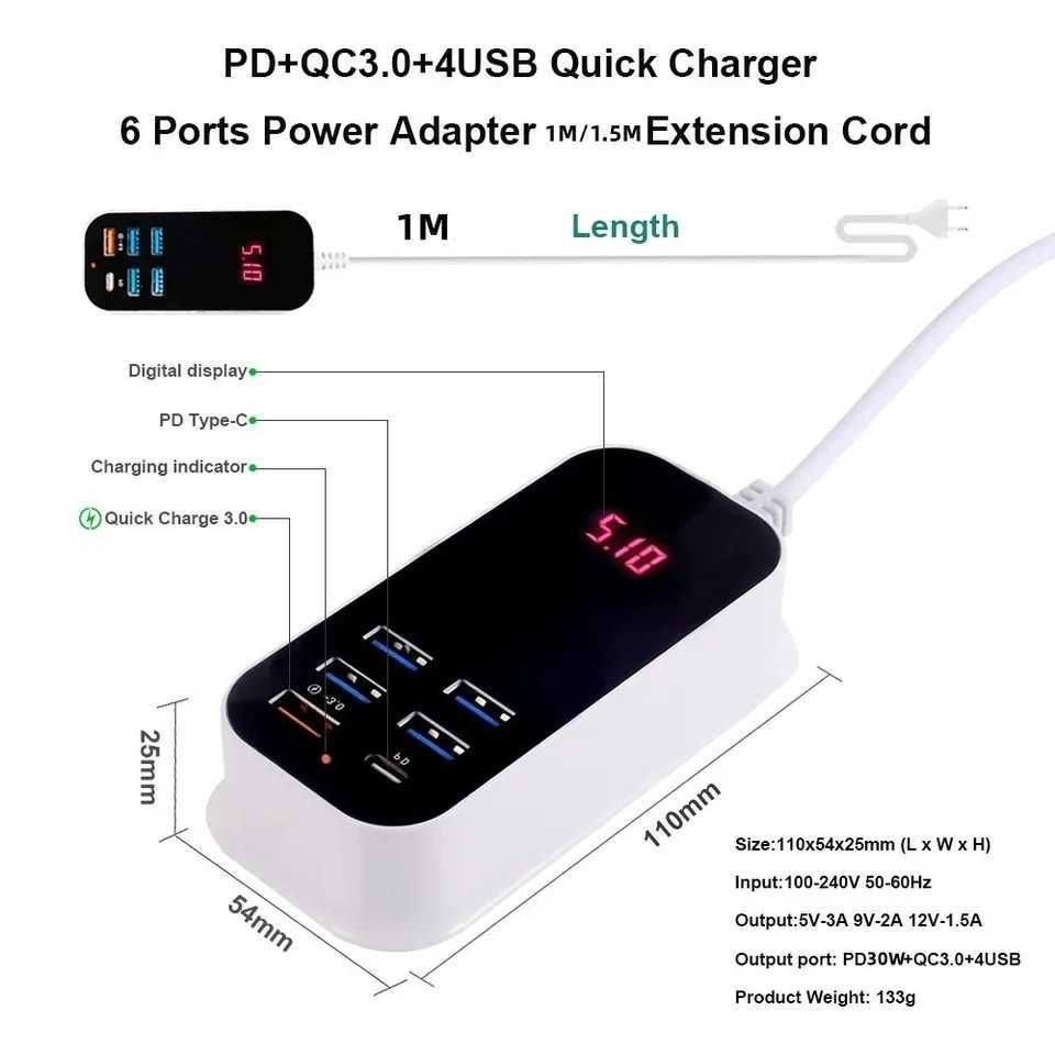 Ładowarka PD 30W QC 3.0 USB-C, USB.