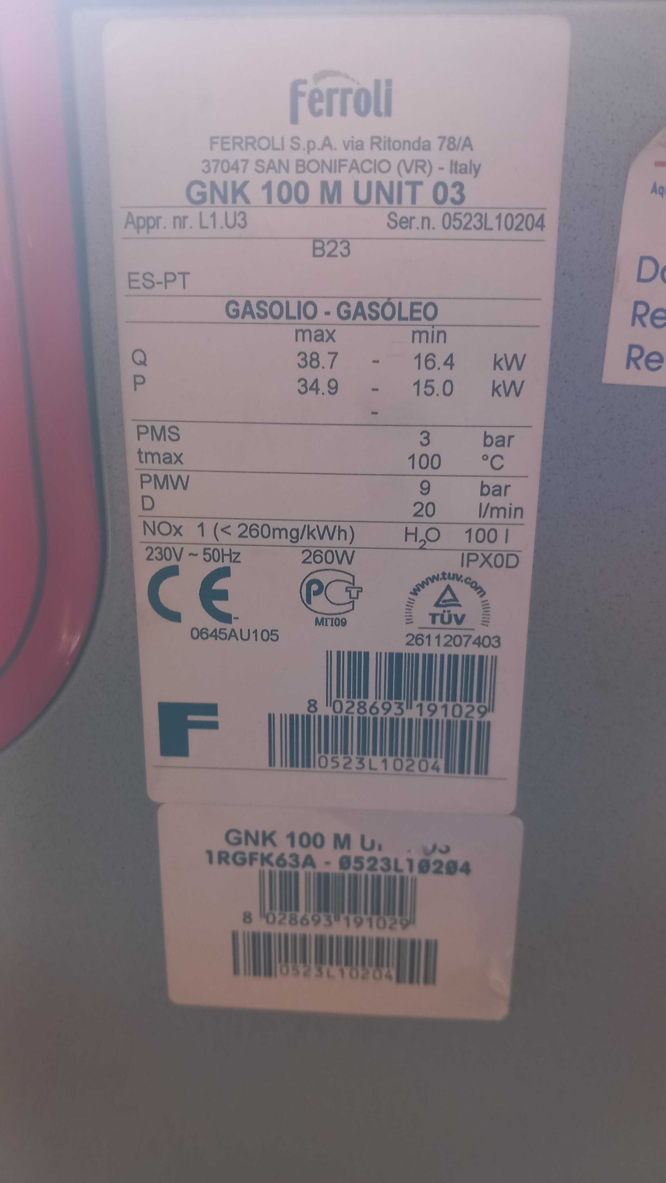 Caldeira Ferroli com Deposito 1000Lt