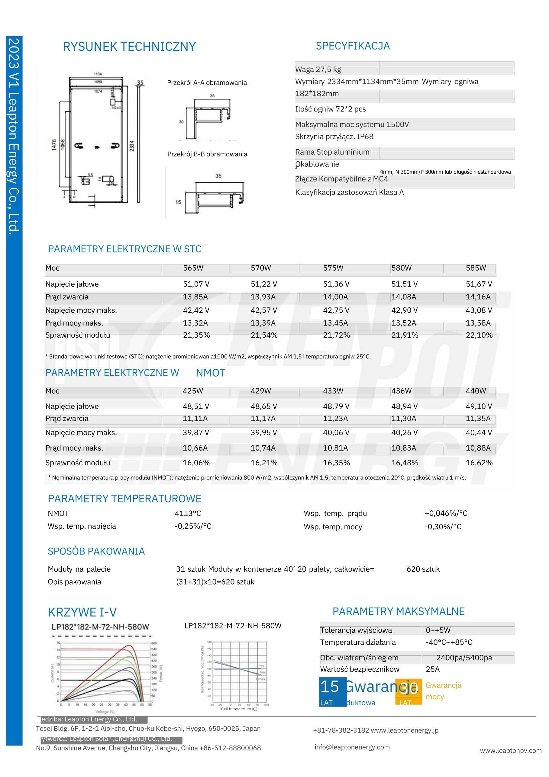 Panel Moduł Fotowoltaiczny Leapton 580W Srebrna Rama Warszawa (BRUTTO)