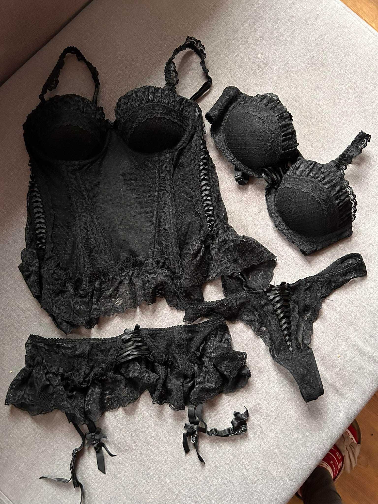 Komplet gorset biustonosz 85B stringi S pas do pończoch H&M czarny