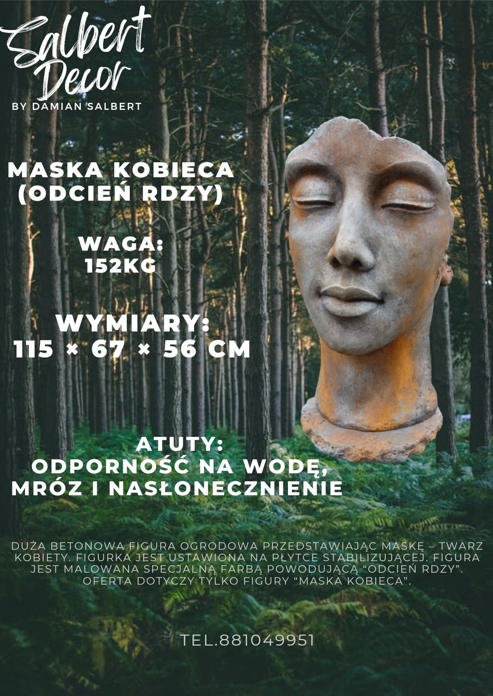 Maska kobieca (odcień rdzy) figura ogrodowa rzeźba betonowa