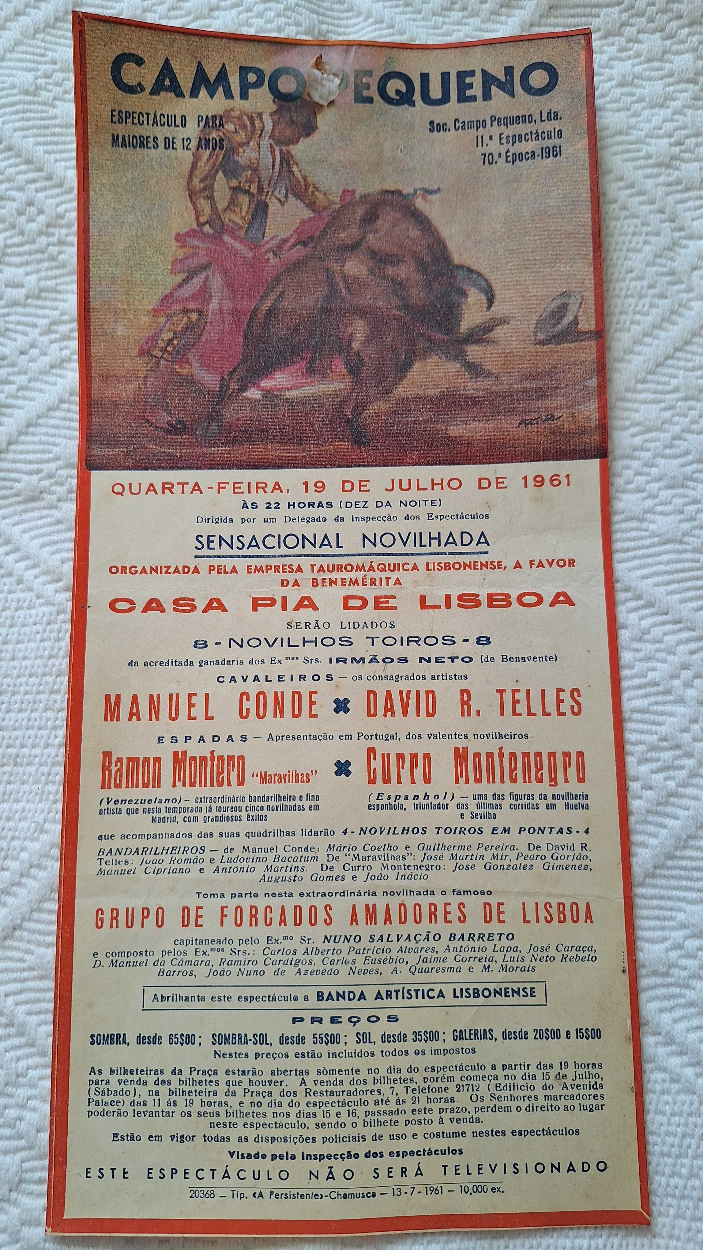 Cartaz panfleto corrida de toiros tourada tauromaquia 1961